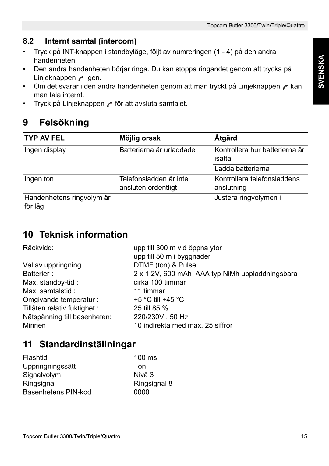 Topcom 3300 manual Felsökning, Teknisk information, Standardinställningar, Internt samtal intercom, Möjlig orsak Åtgärd 