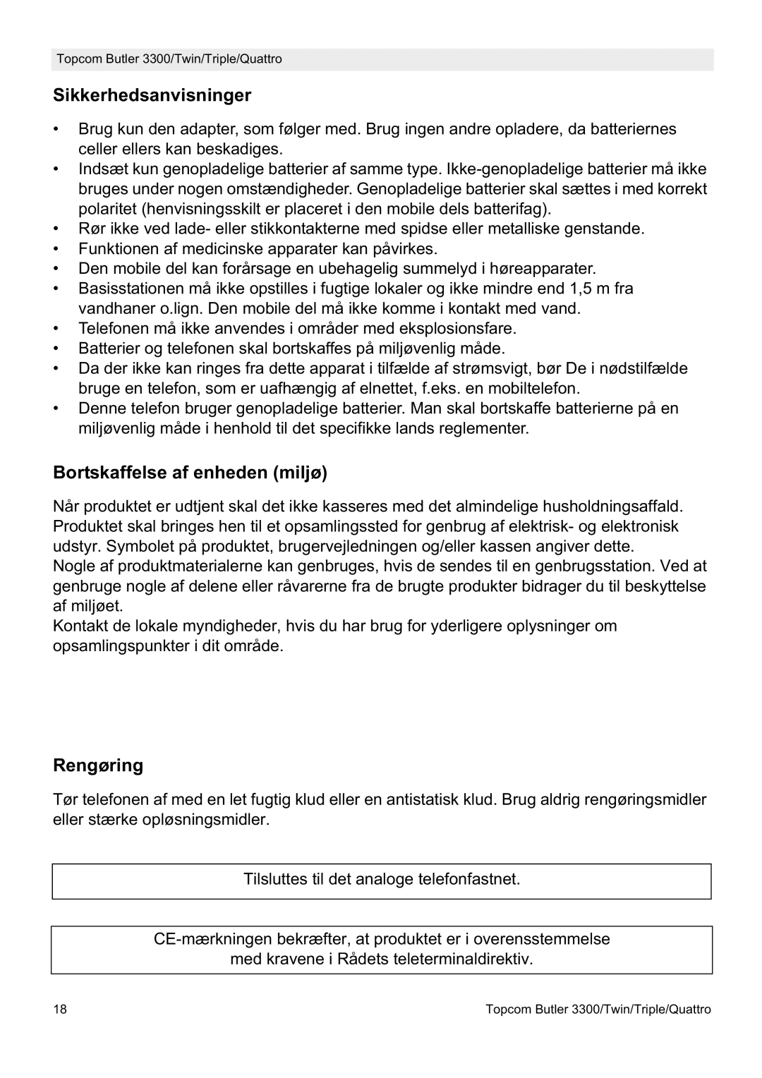 Topcom 3300 manual Sikkerhedsanvisninger, Bortskaffelse af enheden miljø, Rengøring 