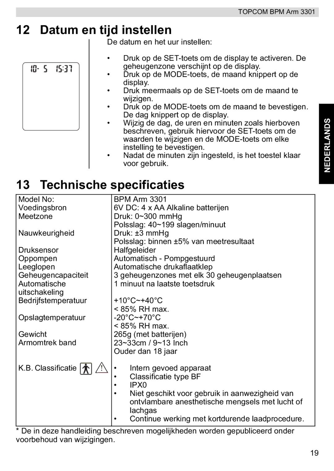 Topcom 3301 manual Datum en tijd instellen, Technische specificaties 