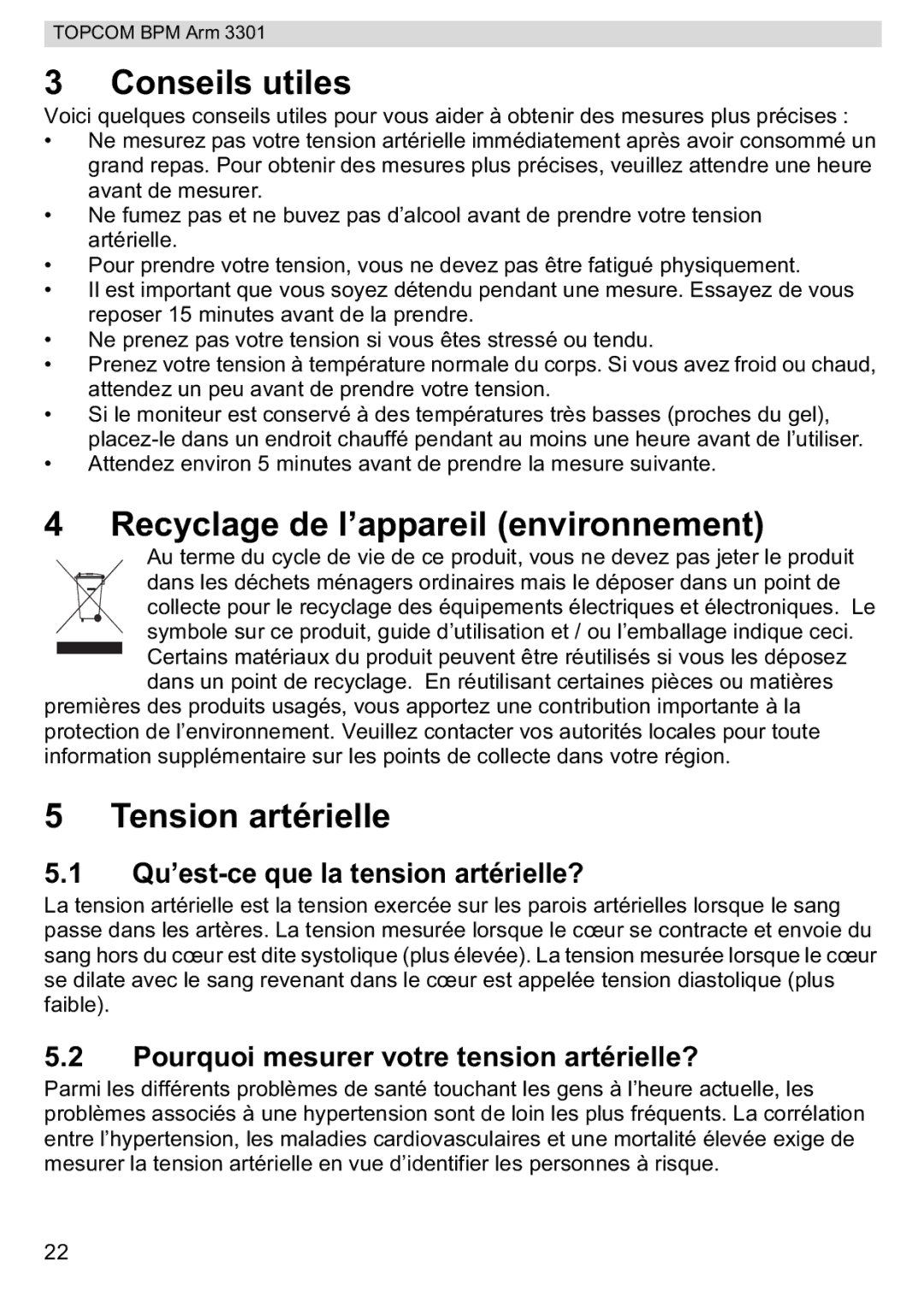 Topcom 3301 manual Conseils utiles, Recyclage de l’appareil environnement, Tension artérielle 