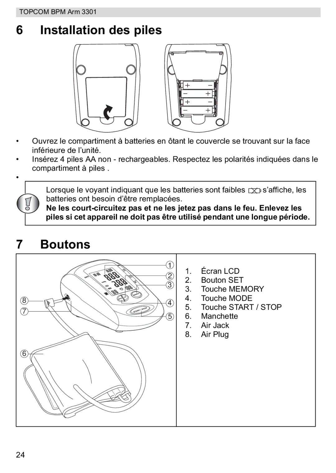 Topcom 3301 manual Installation des piles, Boutons 