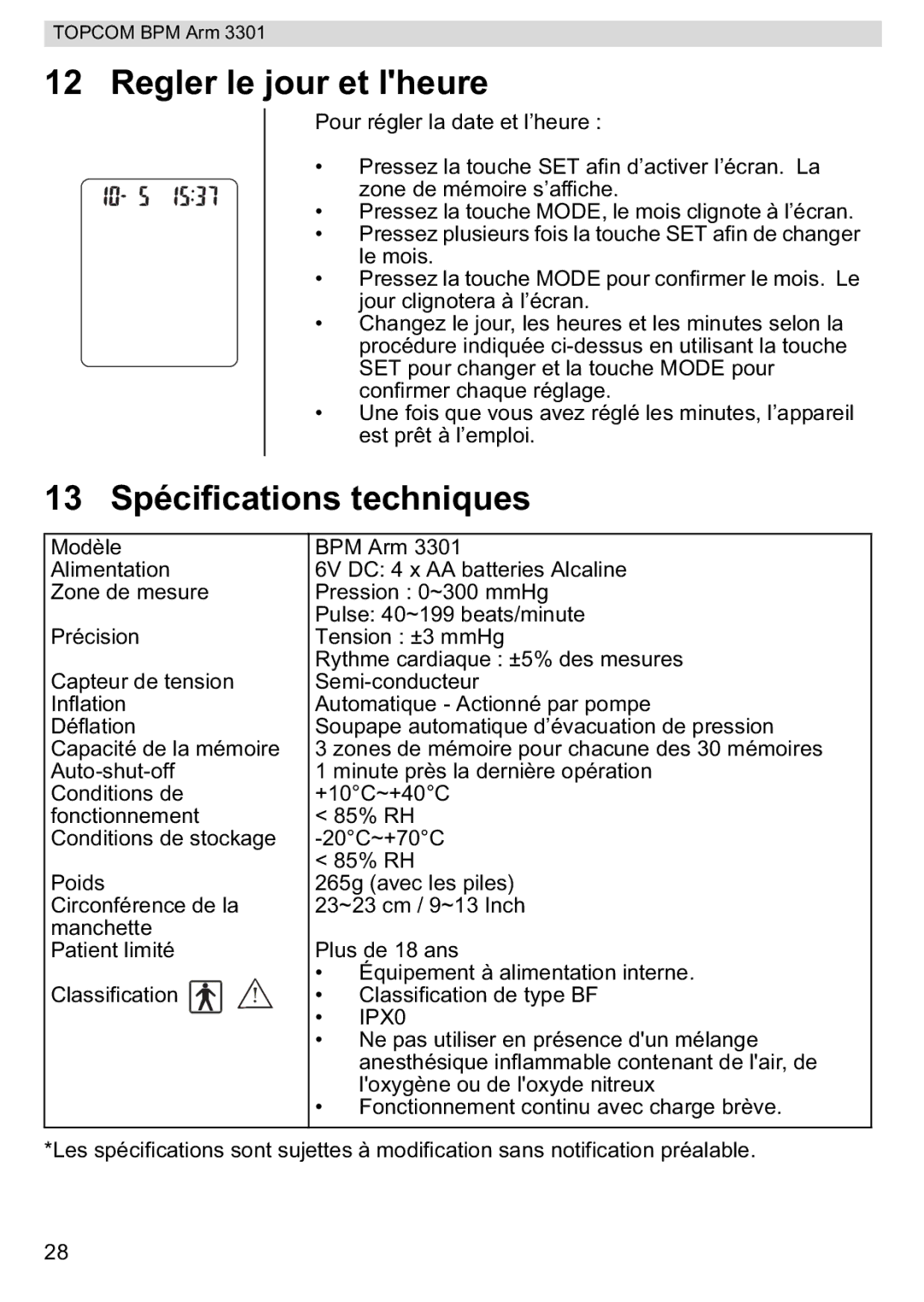 Topcom 3301 manual Regler le jour et lheure, 13 Spécifications techniques 