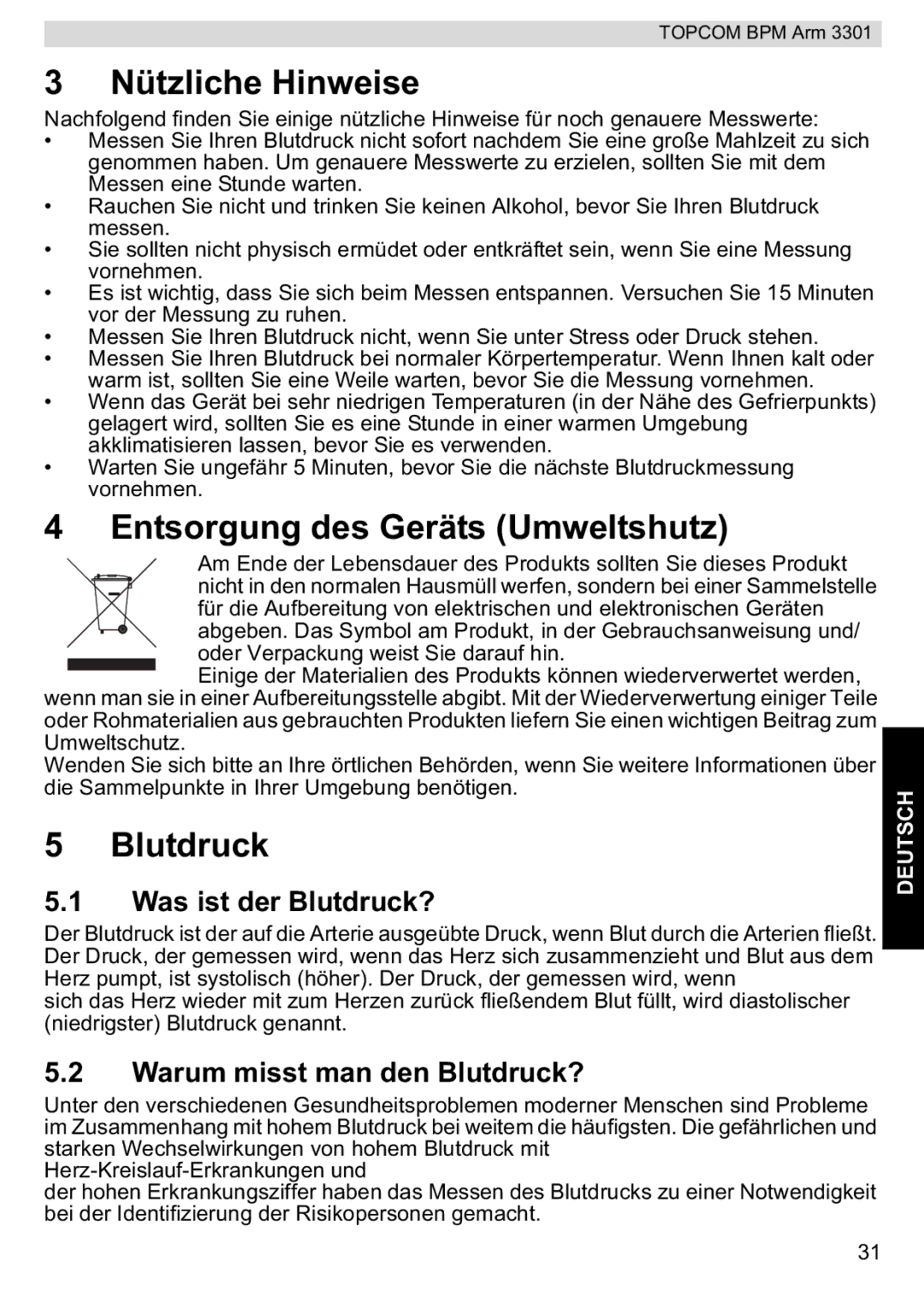 Topcom 3301 manual Nützliche Hinweise, Entsorgung des Geräts Umweltshutz, Was ist der Blutdruck? 