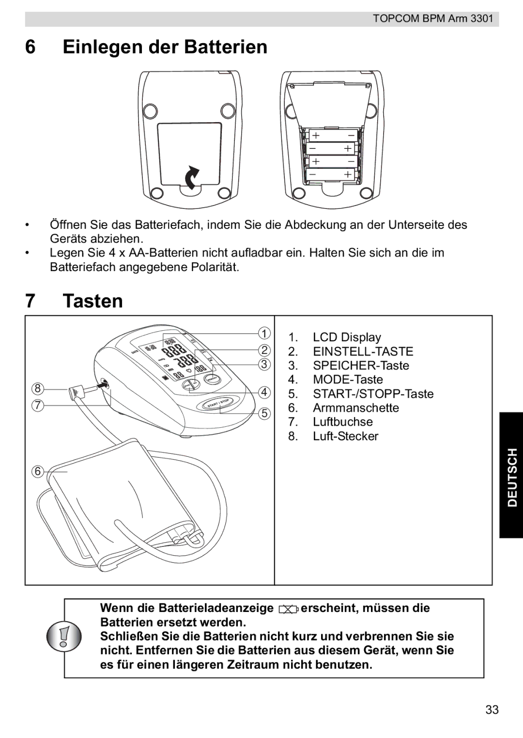 Topcom 3301 manual Einlegen der Batterien, Tasten 