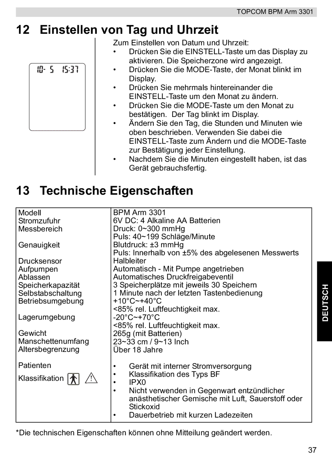 Topcom 3301 manual Einstellen von Tag und Uhrzeit, Technische Eigenschaften 