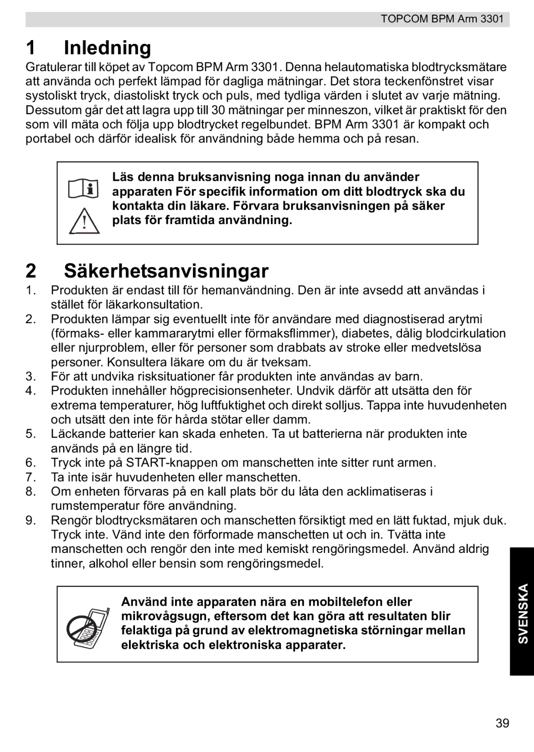 Topcom 3301 manual Inledning, Säkerhetsanvisningar 