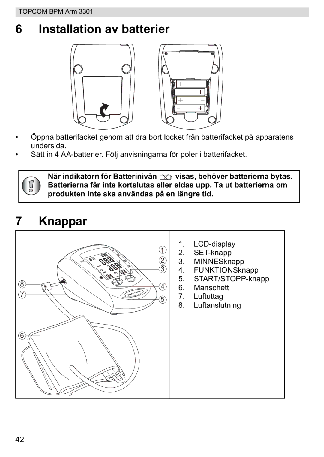 Topcom 3301 manual Installation av batterier, Knappar 