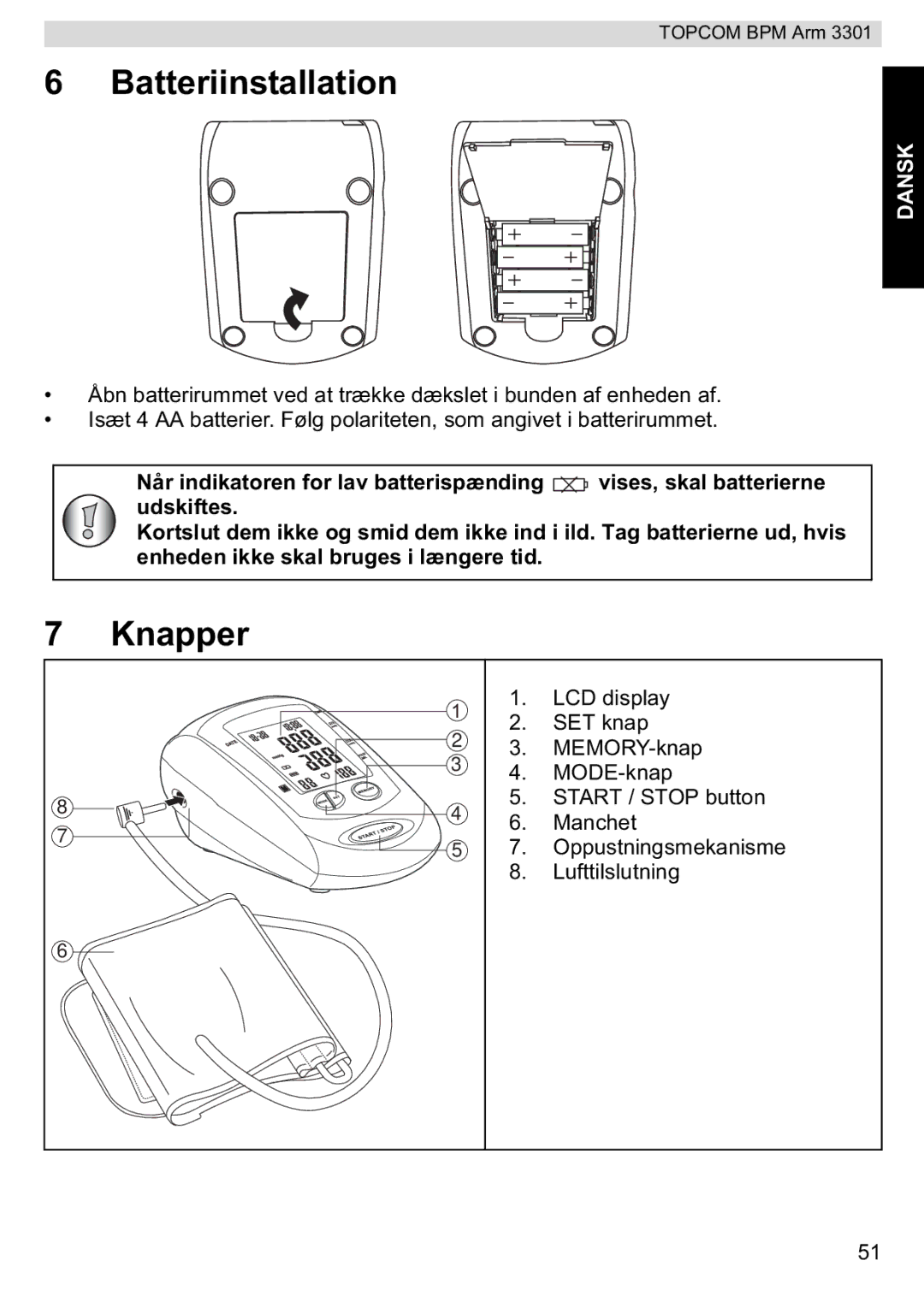 Topcom 3301 manual Batteriinstallation, Knapper 