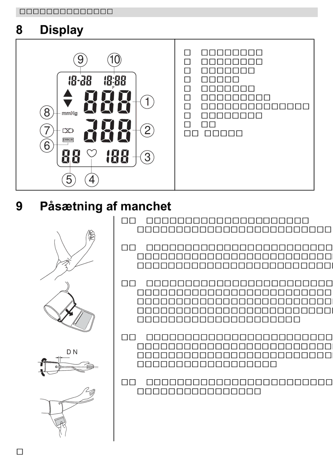 Topcom 3301 manual Display, Påsætning af manchet 