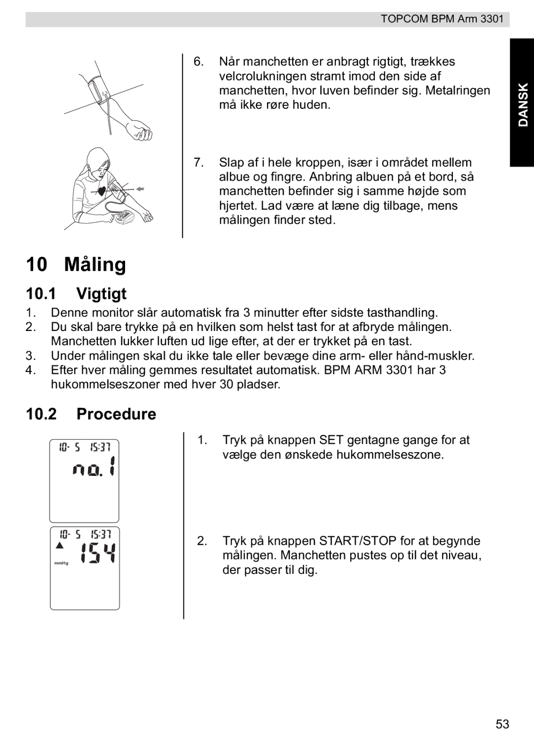 Topcom 3301 manual 10 Måling, Vigtigt 