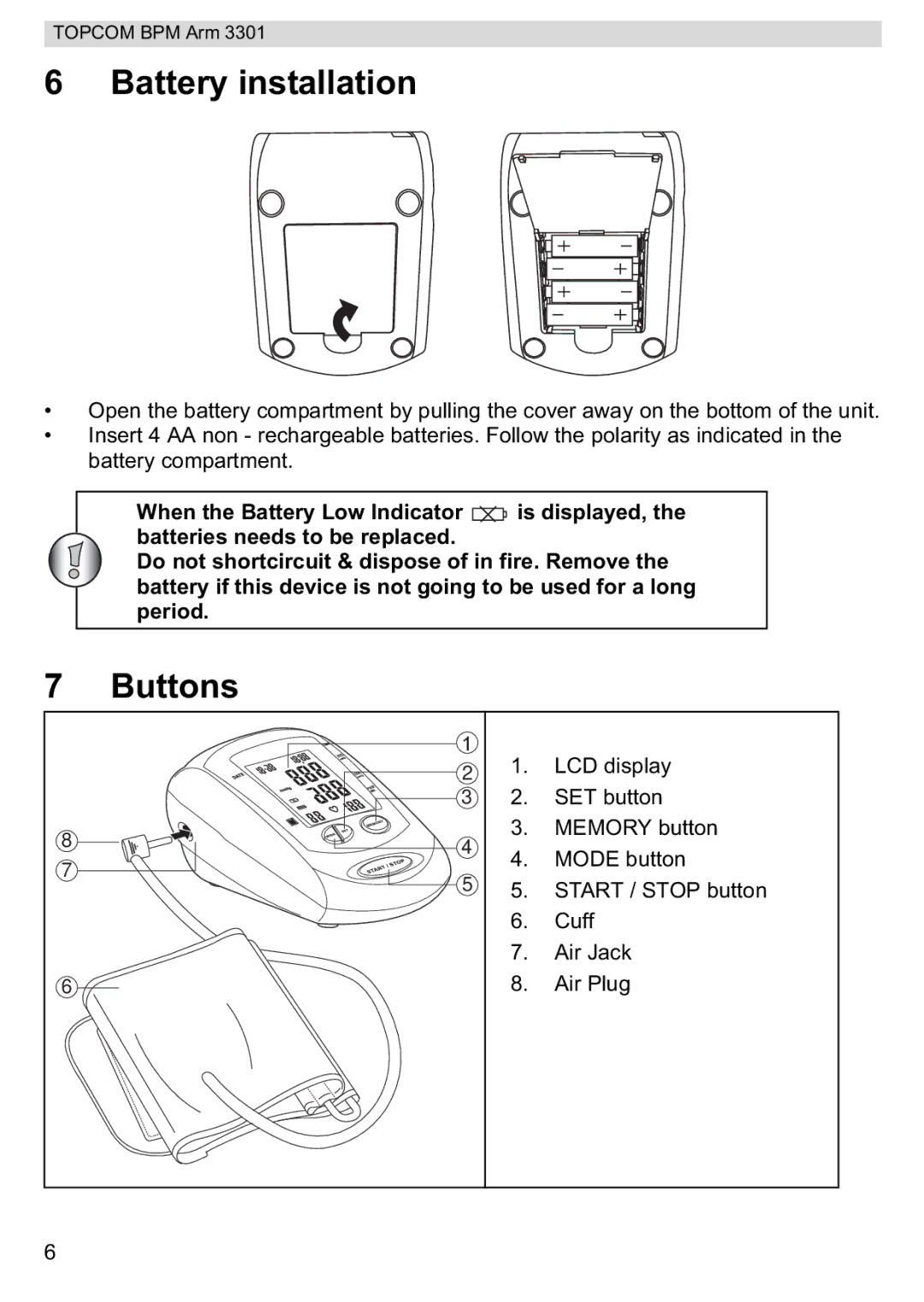 Topcom 3301 manual Battery installation, Buttons 