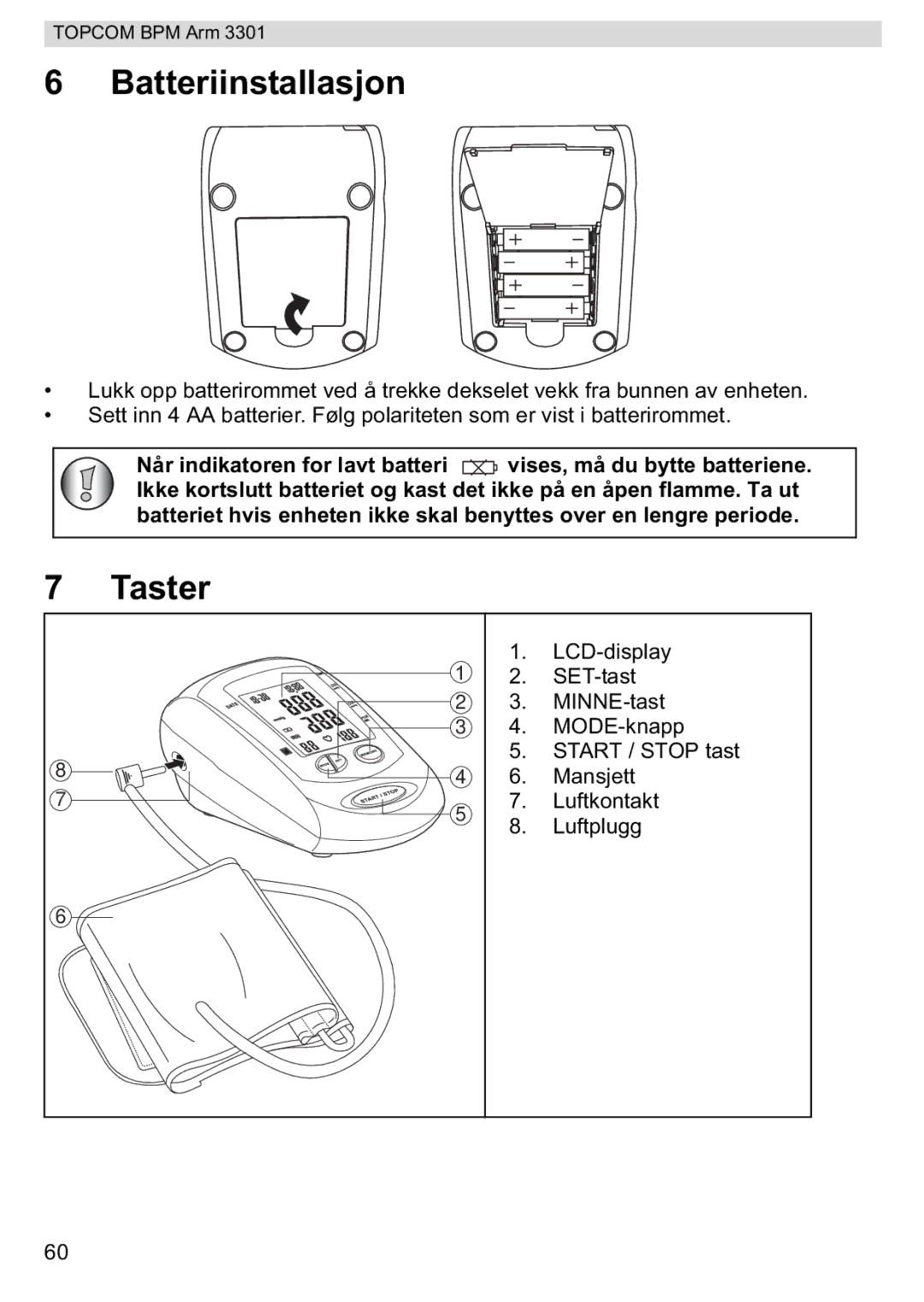 Topcom 3301 manual Batteriinstallasjon, Taster 