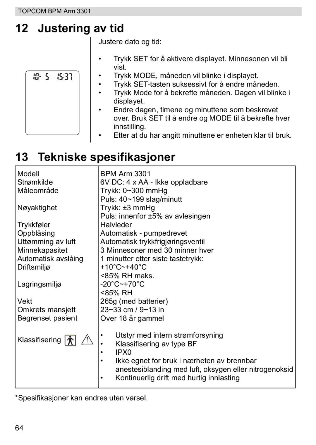 Topcom 3301 manual Justering av tid, Tekniske spesifikasjoner 