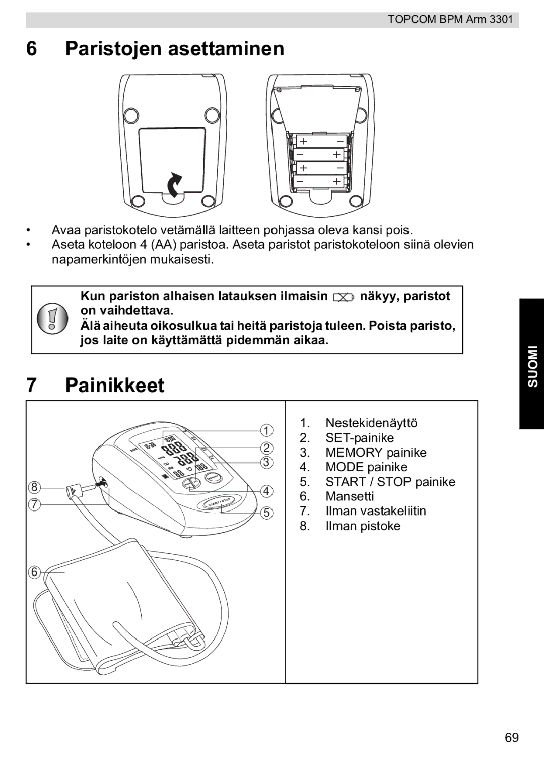 Topcom 3301 manual Paristojen asettaminen, Painikkeet 