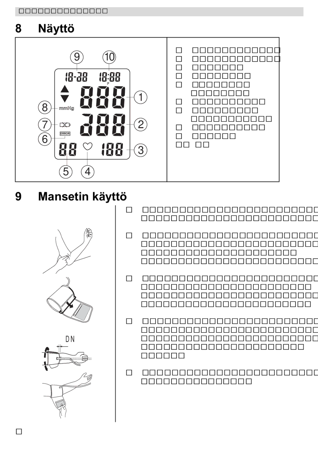 Topcom 3301 manual Näyttö, Mansetin käyttö 