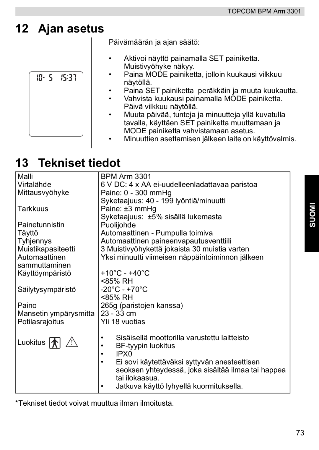 Topcom 3301 manual Ajan asetus, Tekniset tiedot 