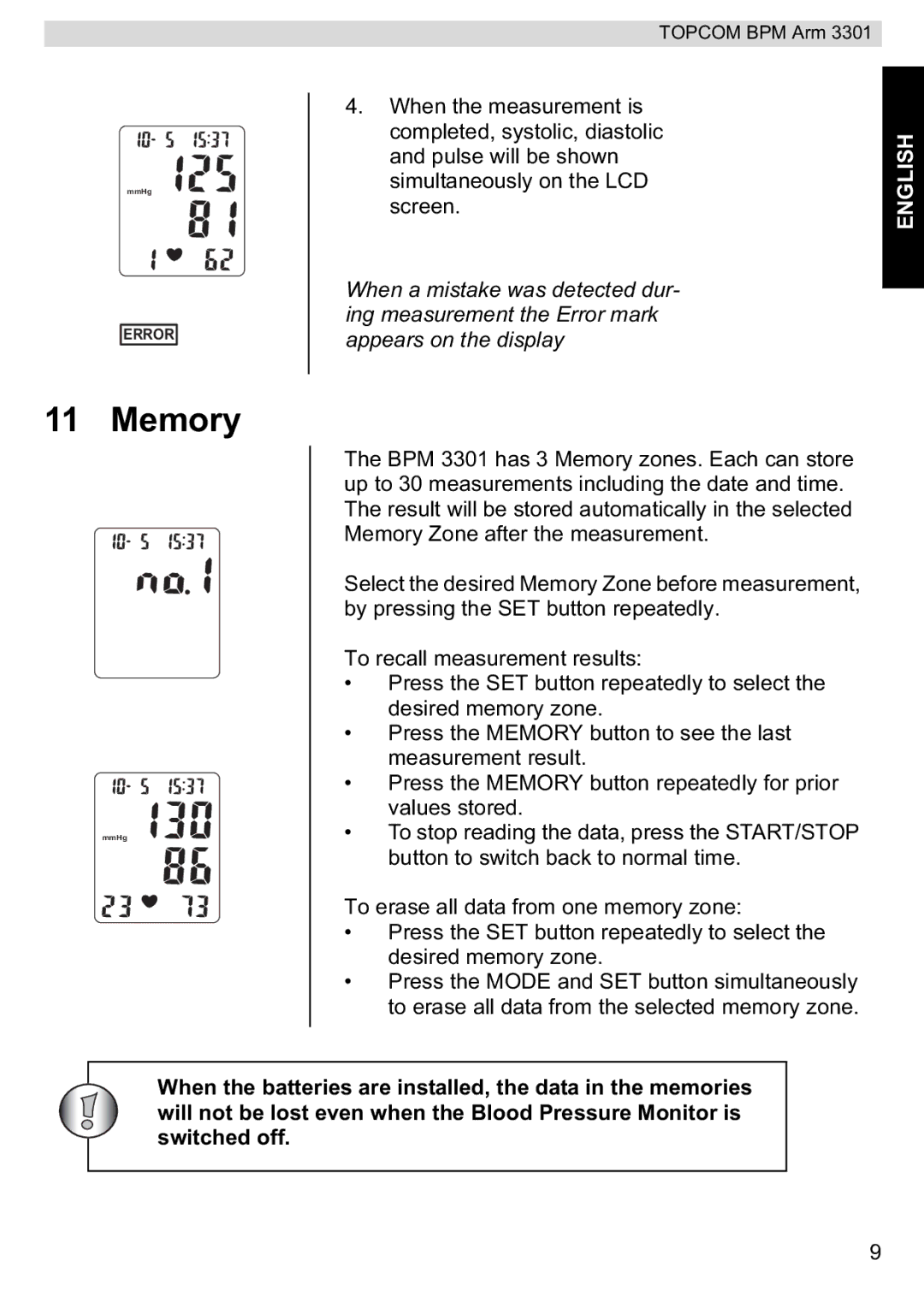 Topcom 3301 manual Memory 