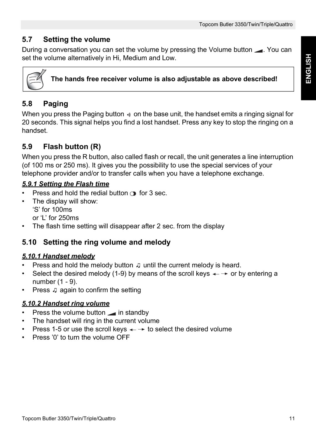 Topcom 3350 manual Setting the volume, Paging, Flash button R, Setting the ring volume and melody 