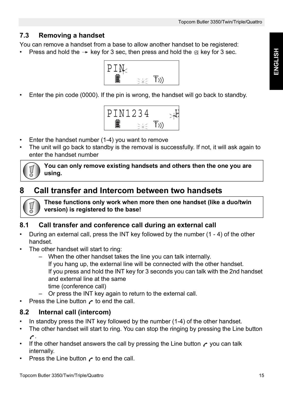 Topcom 3350 manual Call transfer and Intercom between two handsets, Removing a handset, Internal call intercom 