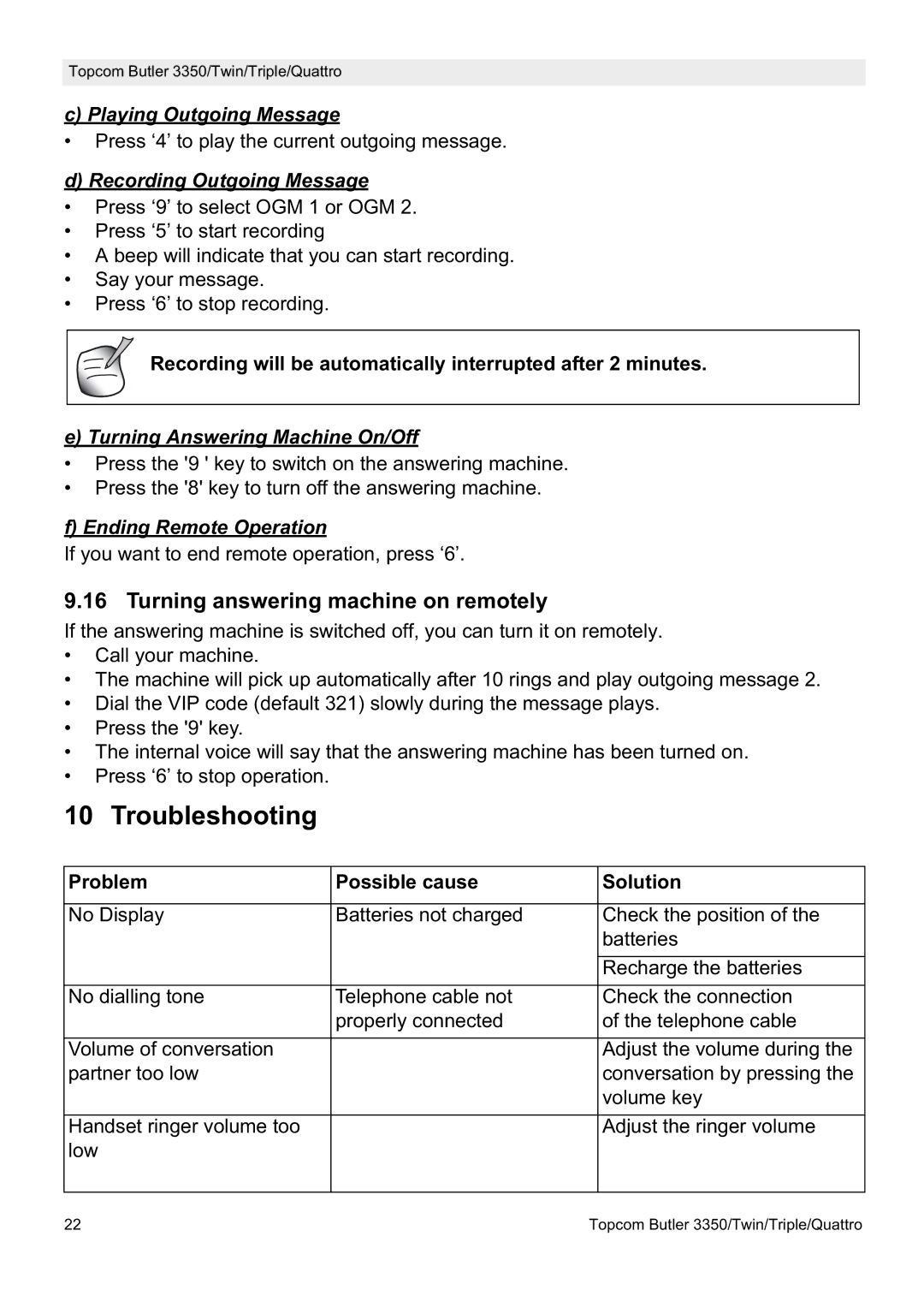 Topcom 3350 manual Troubleshooting, Turning answering machine on remotely 