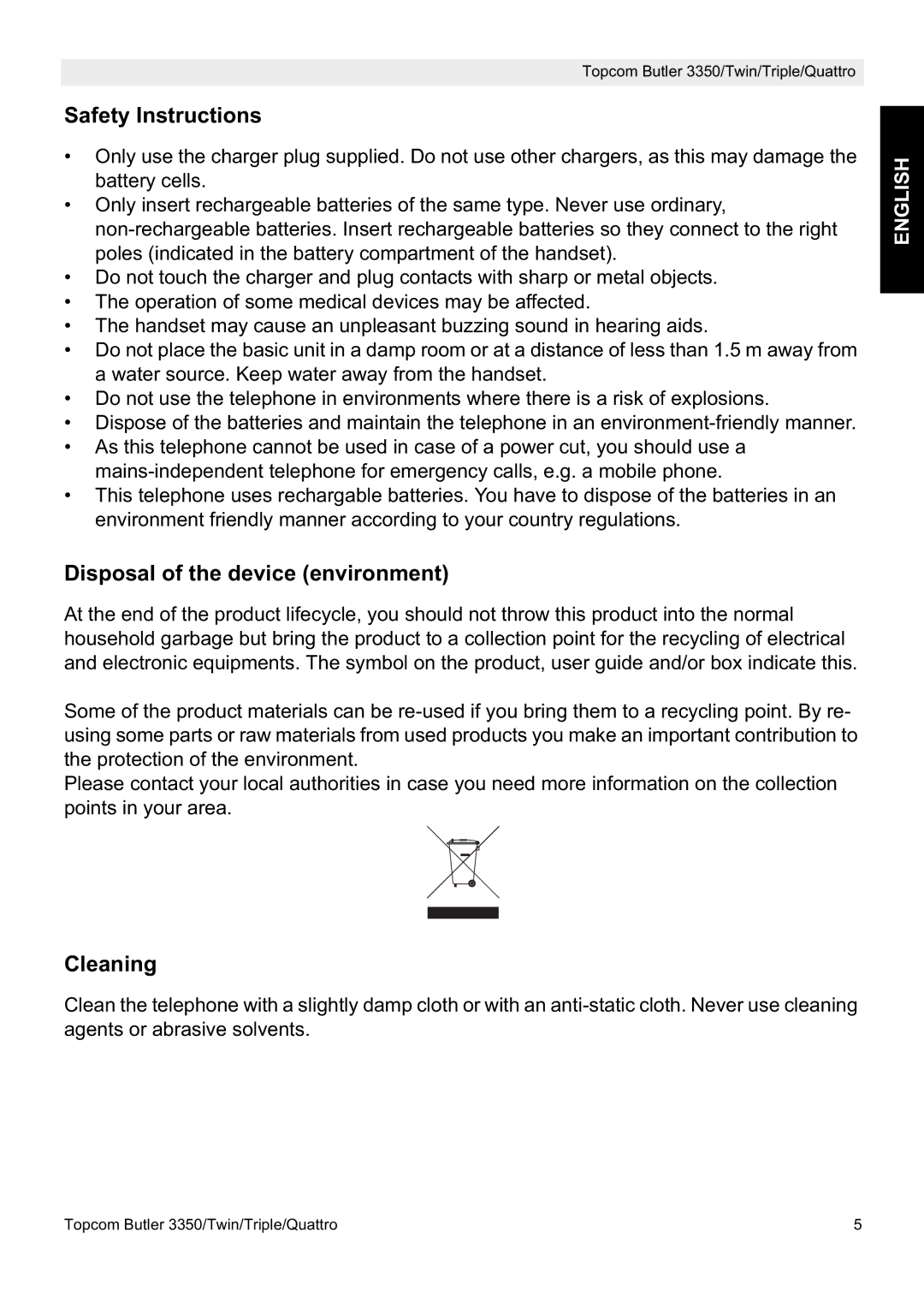 Topcom 3350 manual Safety Instructions, Disposal of the device environment, Cleaning 