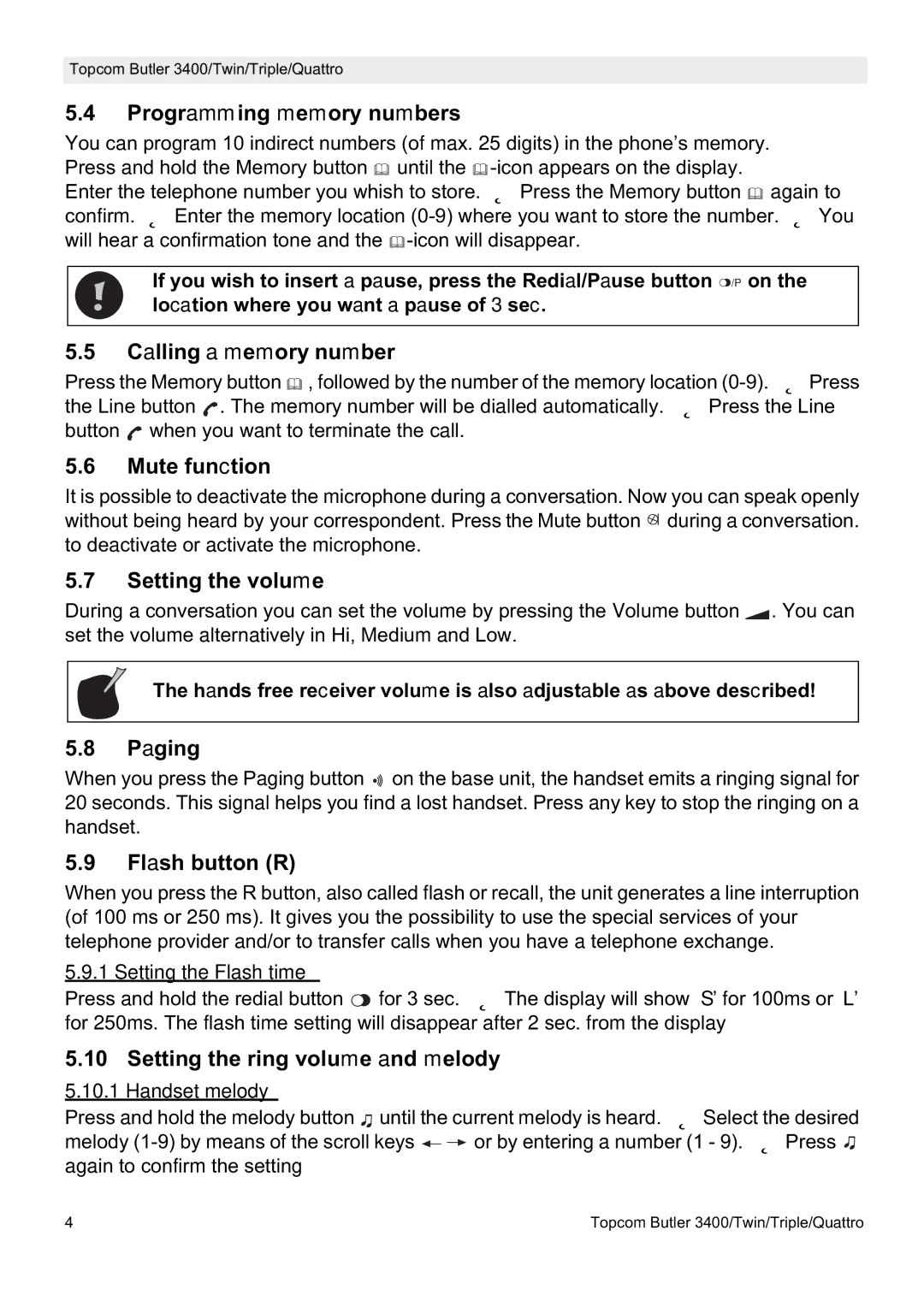 Topcom 3400 Programming memory numbers, Calling a memory number, Mute function, Setting the volume, Paging, Flash button R 