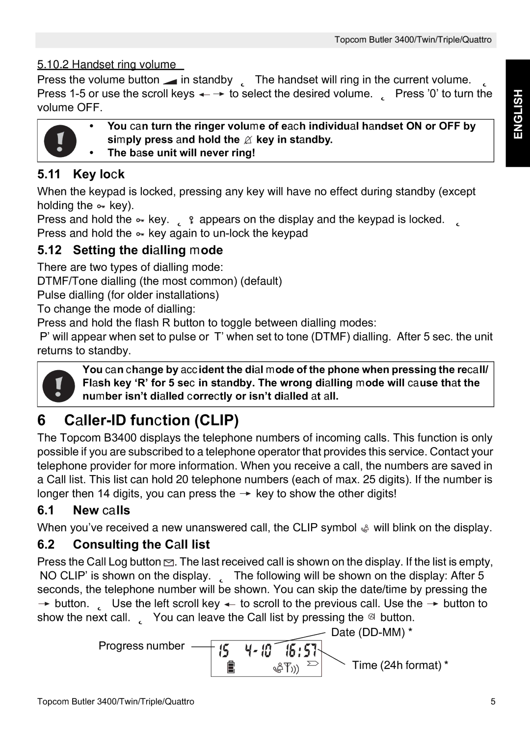 Topcom 3400 manual Caller-ID function Clip, Key lock, Setting the dialling mode, New calls, Consulting the Call list 