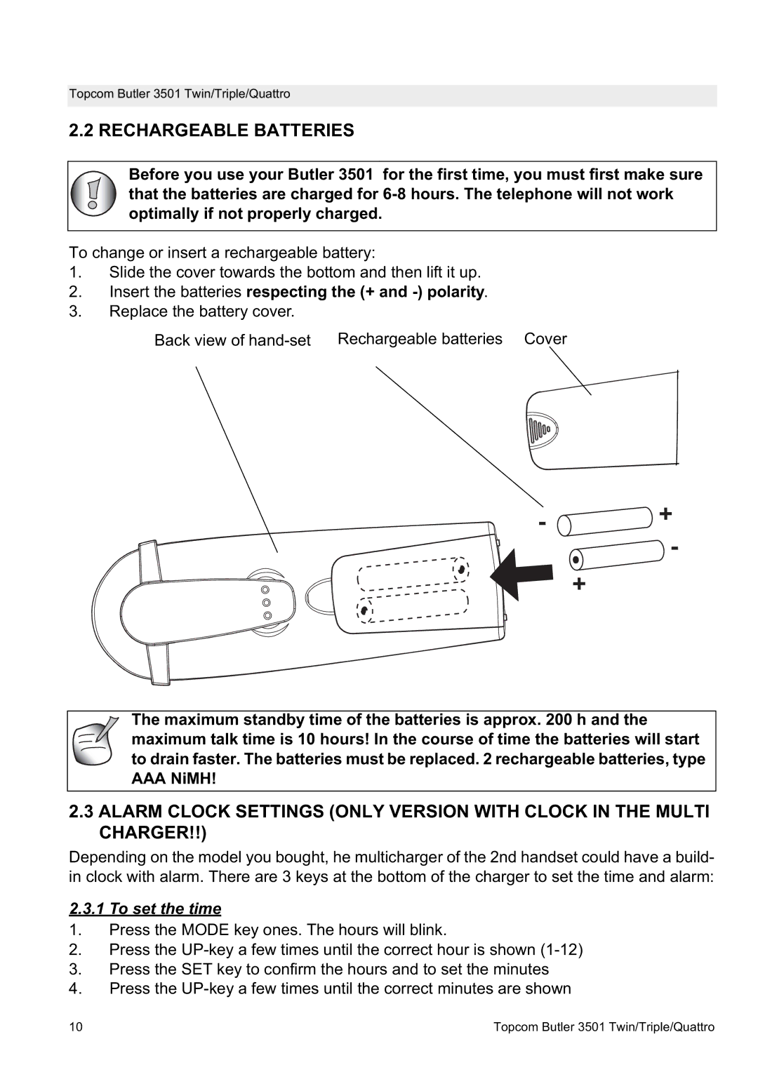 Topcom 3501 manual Rechargeable Batteries, To set the time 