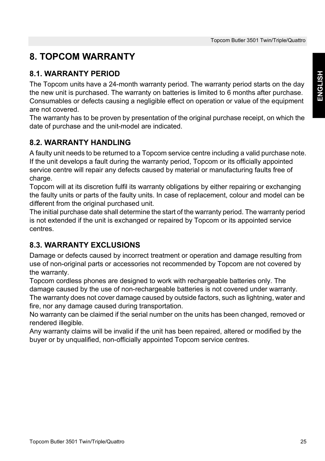 Topcom 3501 manual Topcom Warranty, Warranty Period, Warranty Handling, Warranty Exclusions 