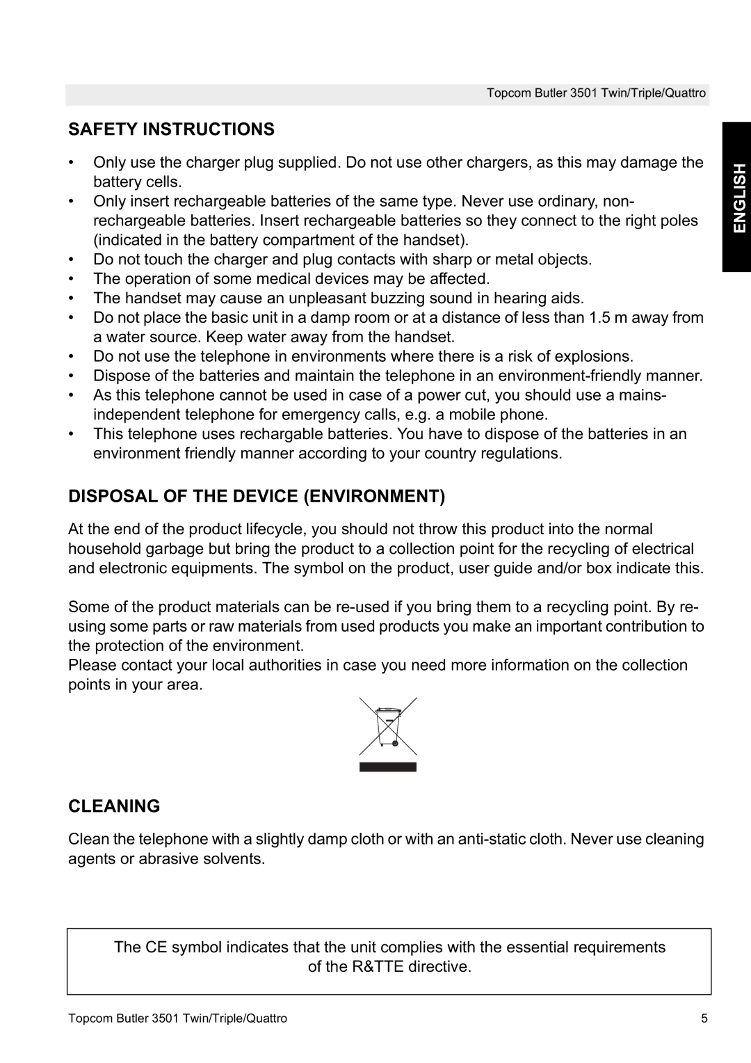 Topcom 3501 manual Safety Instructions, Disposal of the Device Environment, Cleaning 