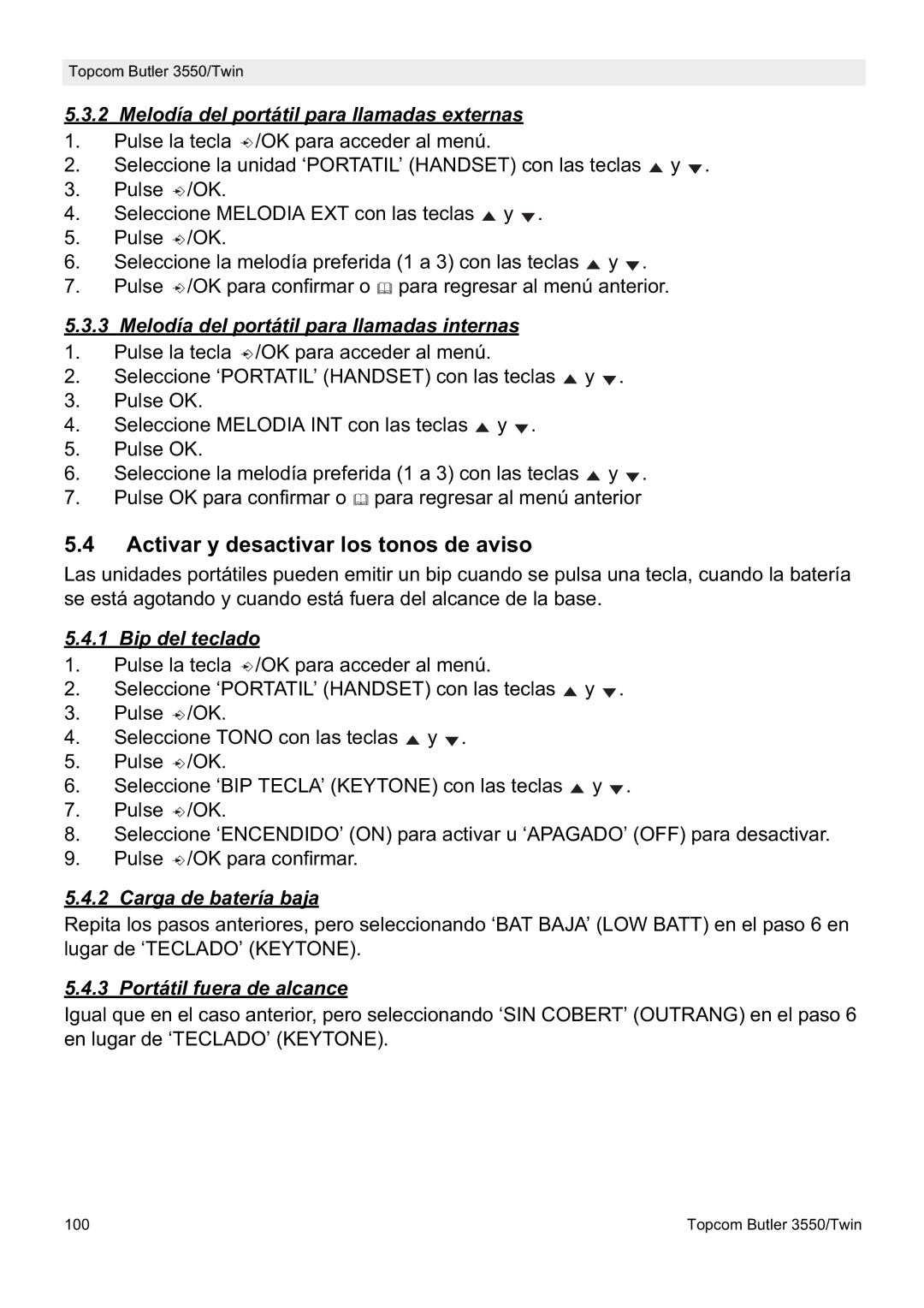 Topcom 3550/Twin manual Activar y desactivar los tonos de aviso 