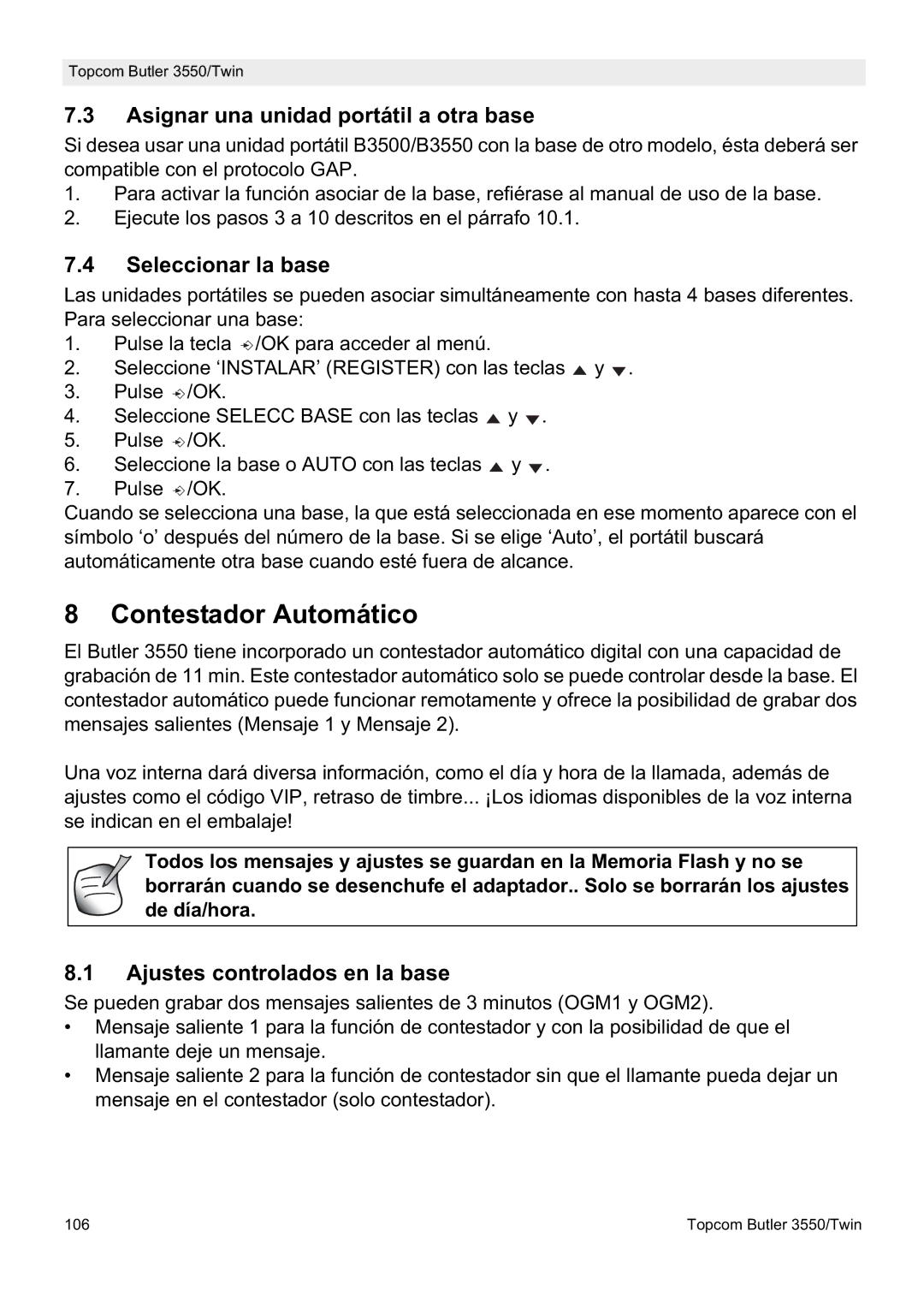 Topcom 3550/Twin manual Contestador Automático, Asignar una unidad portátil a otra base, Seleccionar la base 