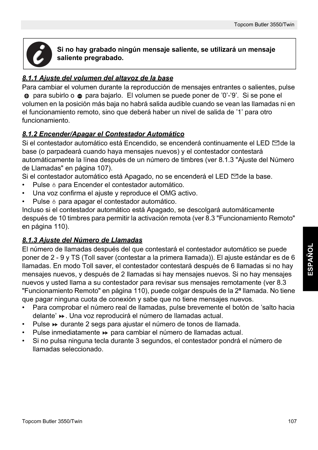 Topcom 3550/Twin manual Ajuste del volumen del altavoz de la base, Encender/Apagar el Contestador Automático 