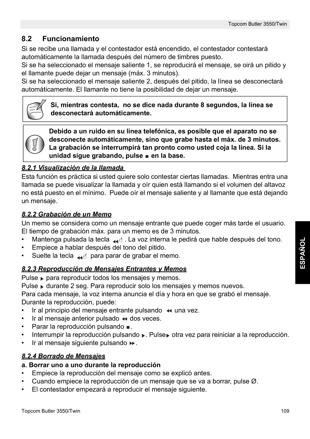 Topcom 3550/Twin manual Funcionamiento, Visualización de la llamada, Grabación de un Memo, Borrado de Mensajes 