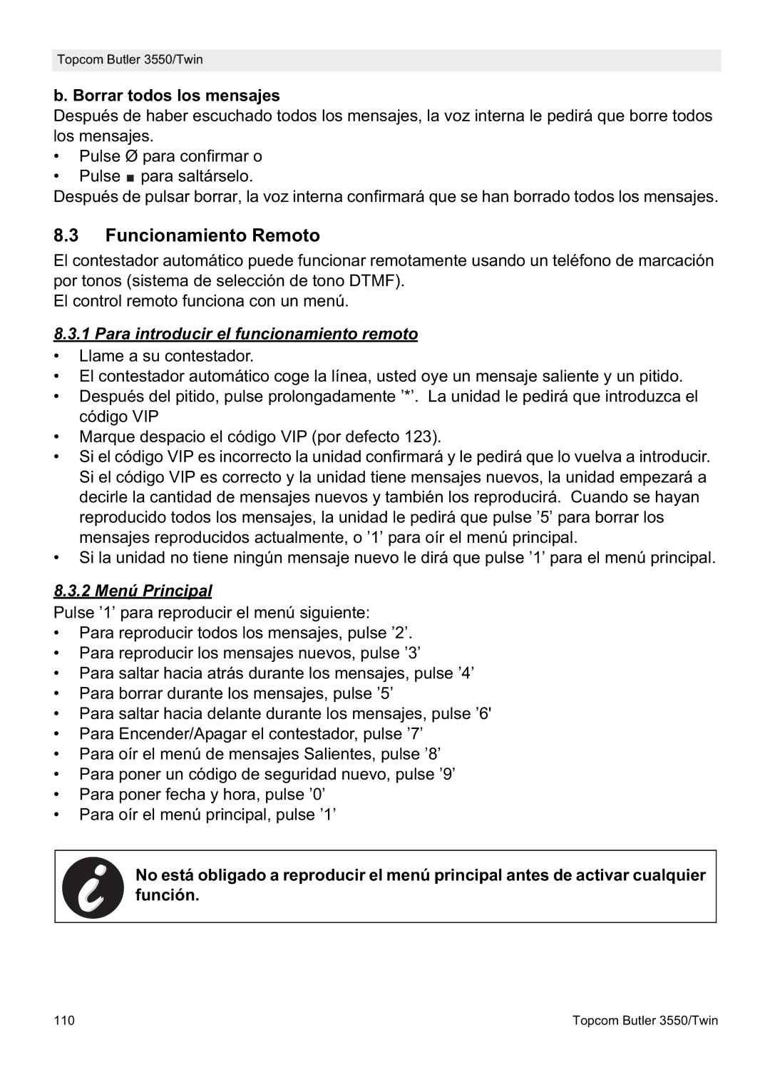 Topcom 3550/Twin manual Funcionamiento Remoto, Borrar todos los mensajes, Para introducir el funcionamiento remoto 