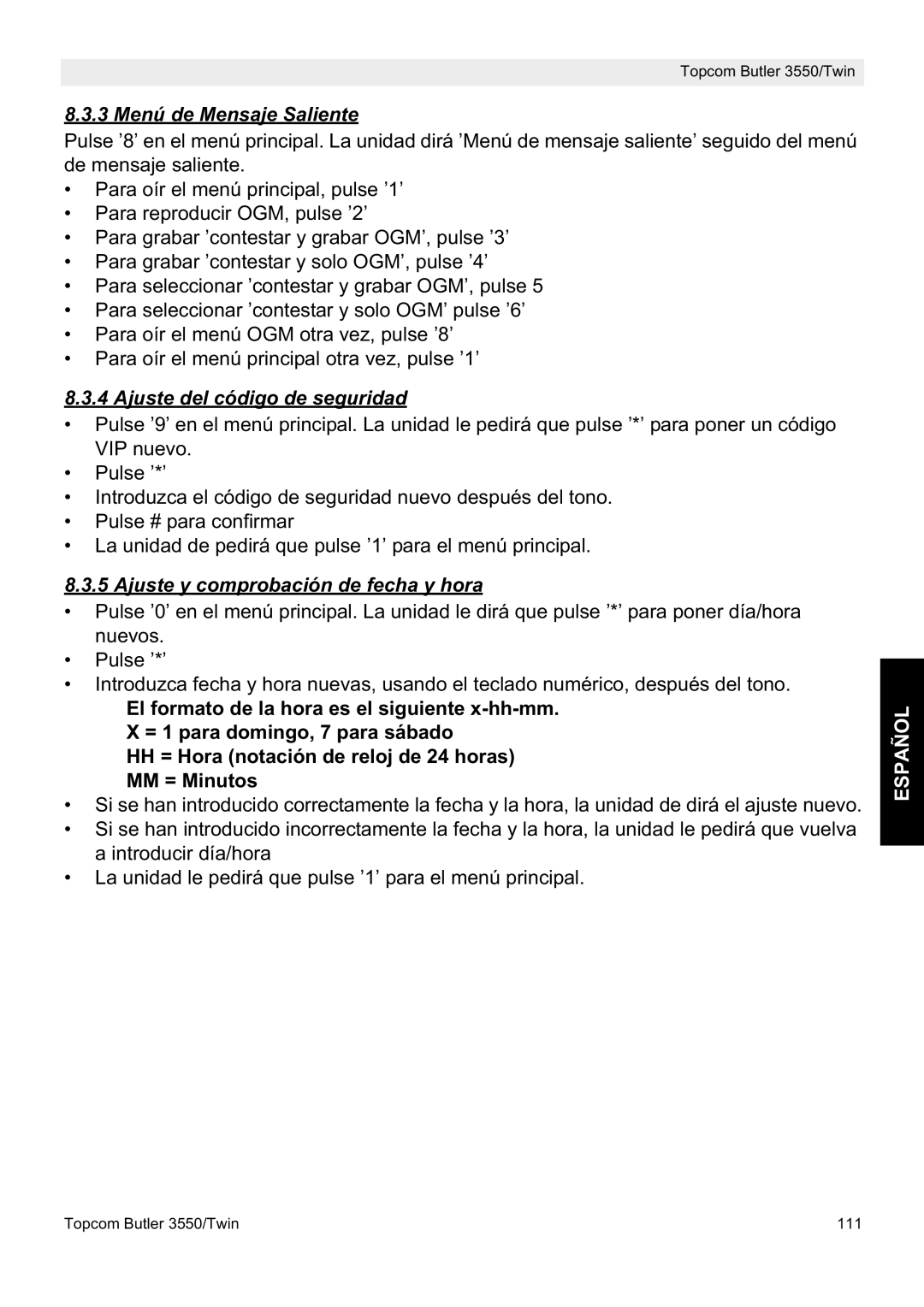 Topcom 3550/Twin manual 3 Menú de Mensaje Saliente, Ajuste del código de seguridad, Ajuste y comprobación de fecha y hora 