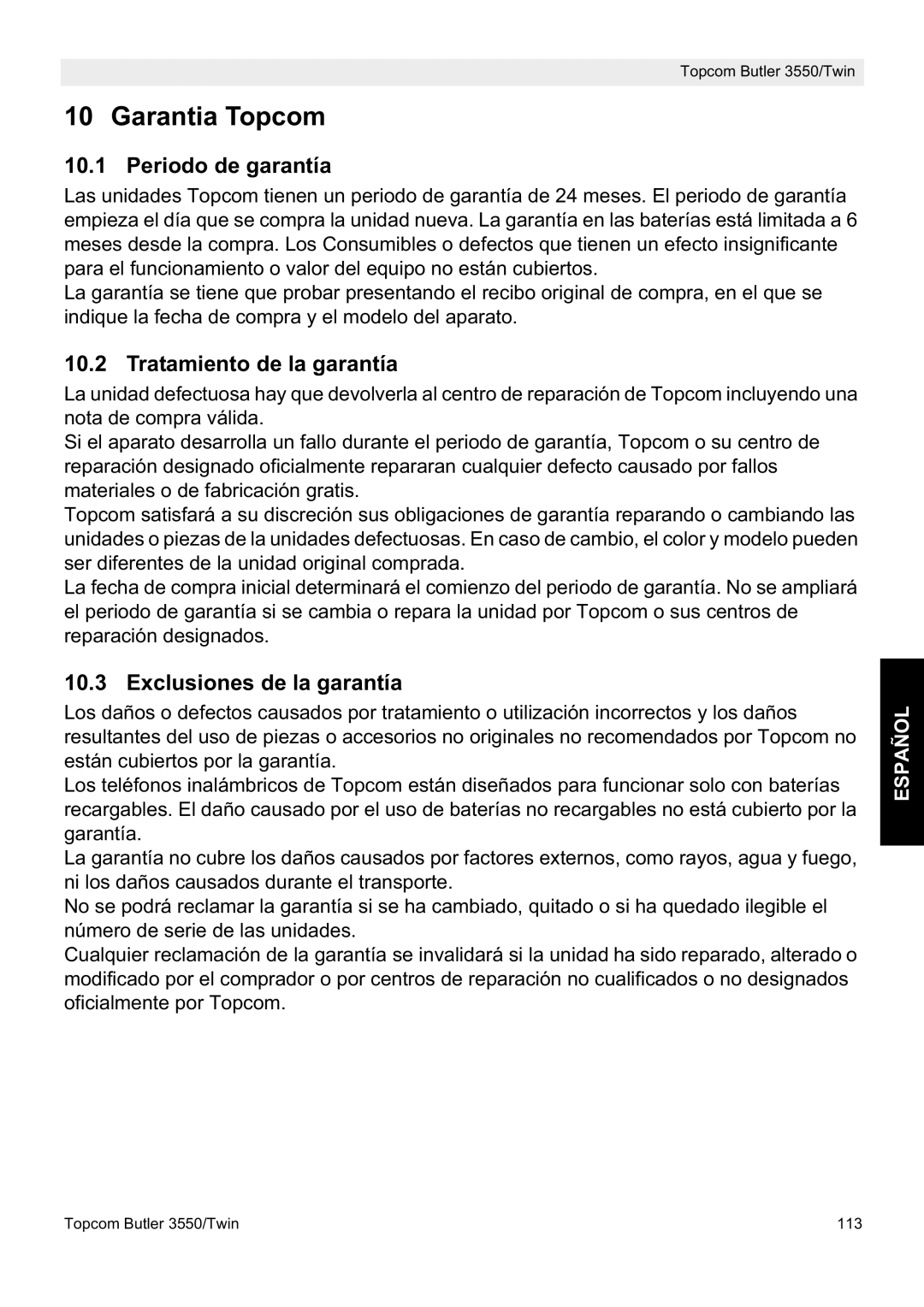 Topcom 3550/Twin manual Garantia Topcom, Periodo de garantía, Tratamiento de la garantía, Exclusiones de la garantía 