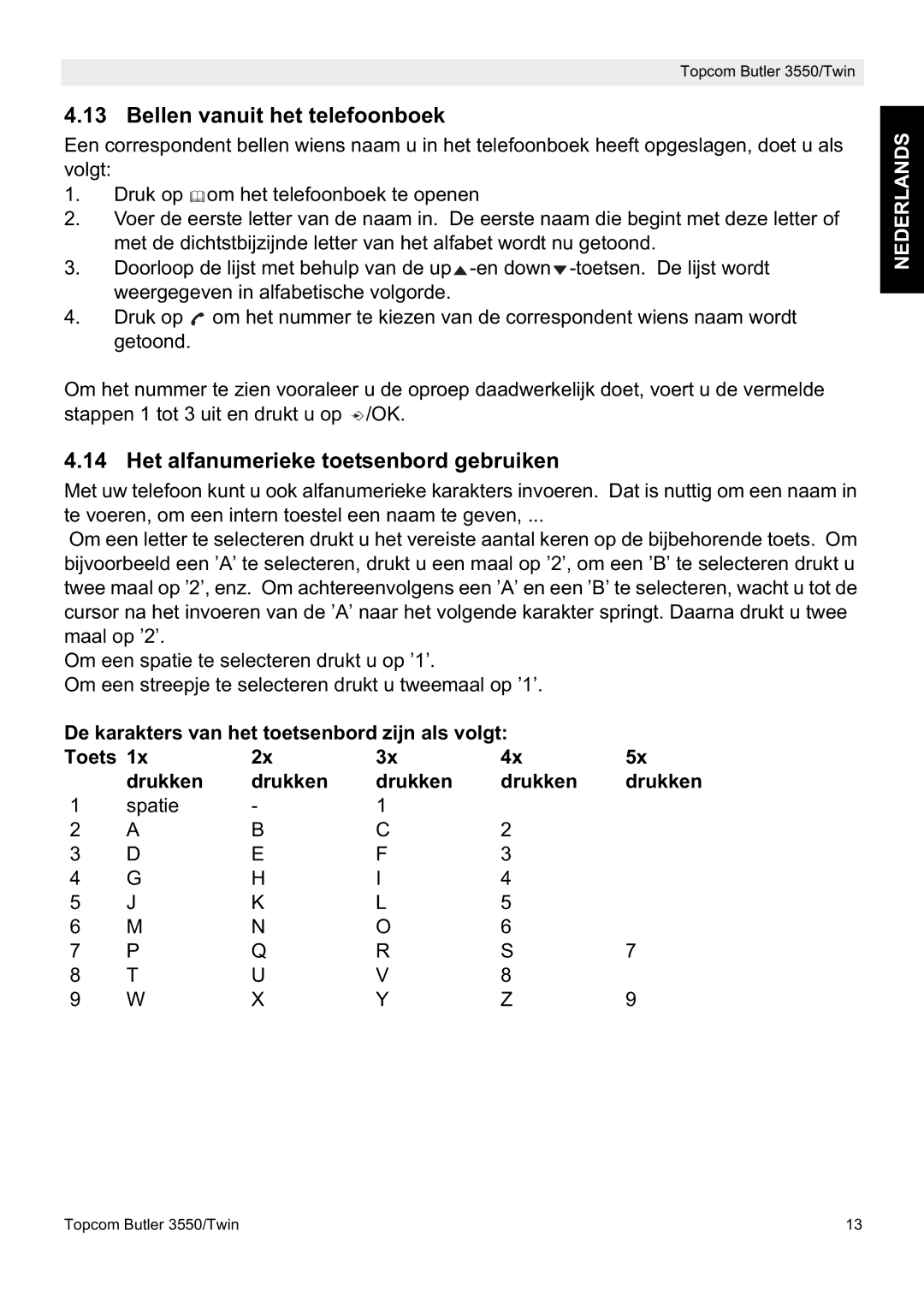 Topcom 3550/Twin manual Bellen vanuit het telefoonboek, Het alfanumerieke toetsenbord gebruiken 