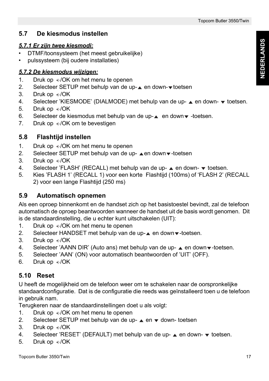 Topcom 3550/Twin manual De kiesmodus instellen, Flashtijd instellen, Automatisch opnemen, Reset 