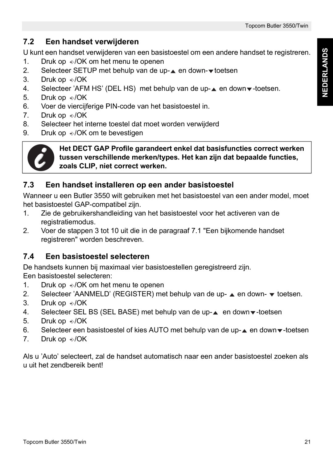 Topcom 3550/Twin Een handset verwijderen, Een handset installeren op een ander basistoestel, Een basistoestel selecteren 