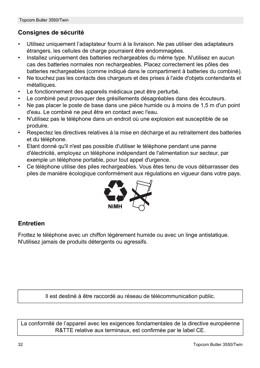 Topcom 3550/Twin manual Consignes de sécurité, Entretien 