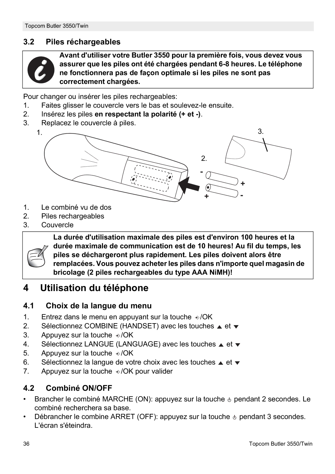 Topcom 3550/Twin manual Utilisation du téléphone, Piles réchargeables, Choix de la langue du menu, Combiné ON/OFF 