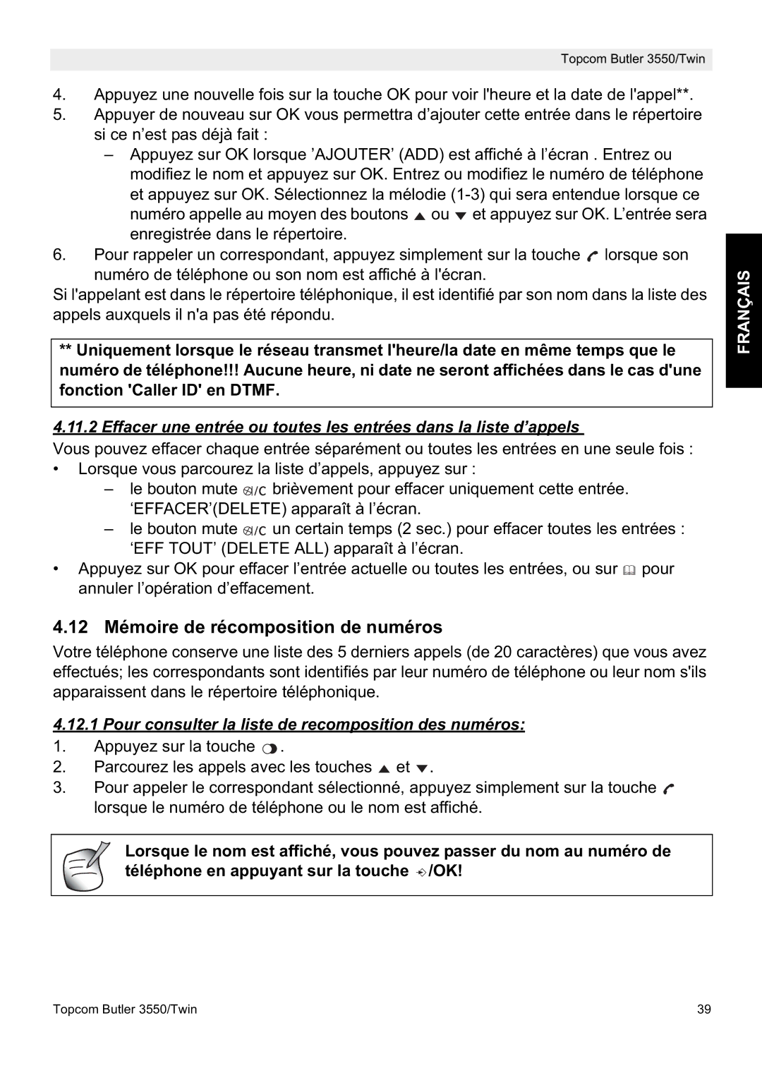 Topcom 3550/Twin manual 12 Mémoire de récomposition de numéros, Pour consulter la liste de recomposition des numéros 