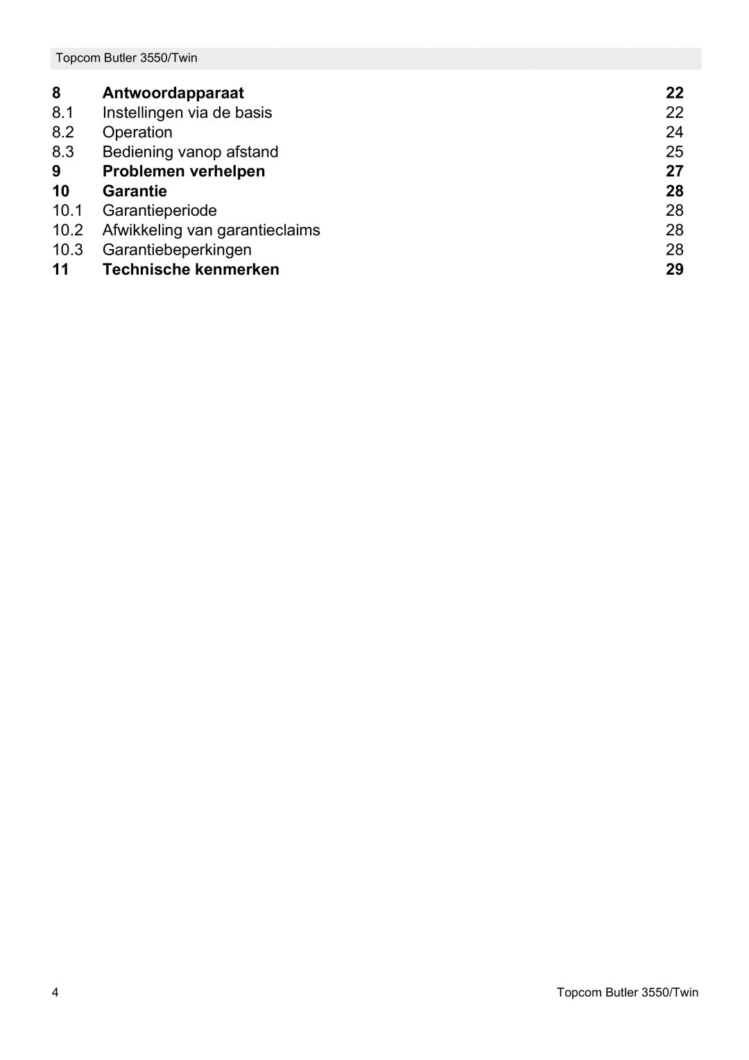 Topcom 3550/Twin manual Antwoordapparaat, Problemen verhelpen Garantie, Technische kenmerken 