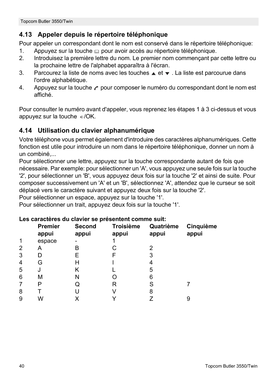 Topcom 3550/Twin manual Appeler depuis le répertoire téléphonique, Utilisation du clavier alphanumérique 