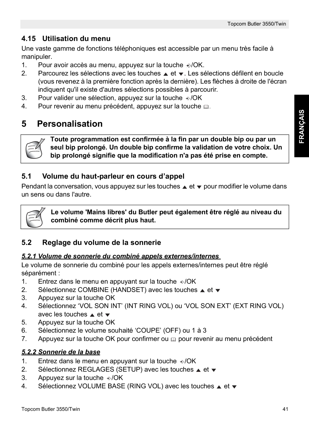 Topcom 3550/Twin manual Personalisation, Utilisation du menu, Volume du haut-parleur en cours d’appel 