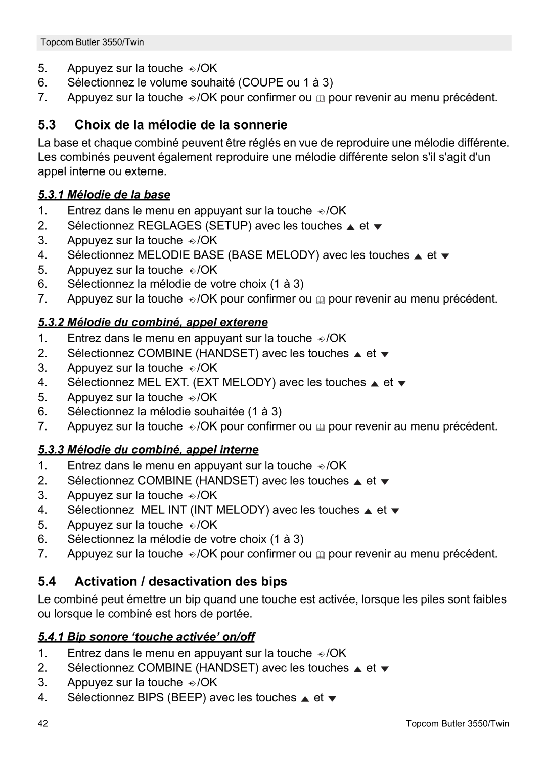 Topcom 3550/Twin manual Choix de la mélodie de la sonnerie, Activation / desactivation des bips 