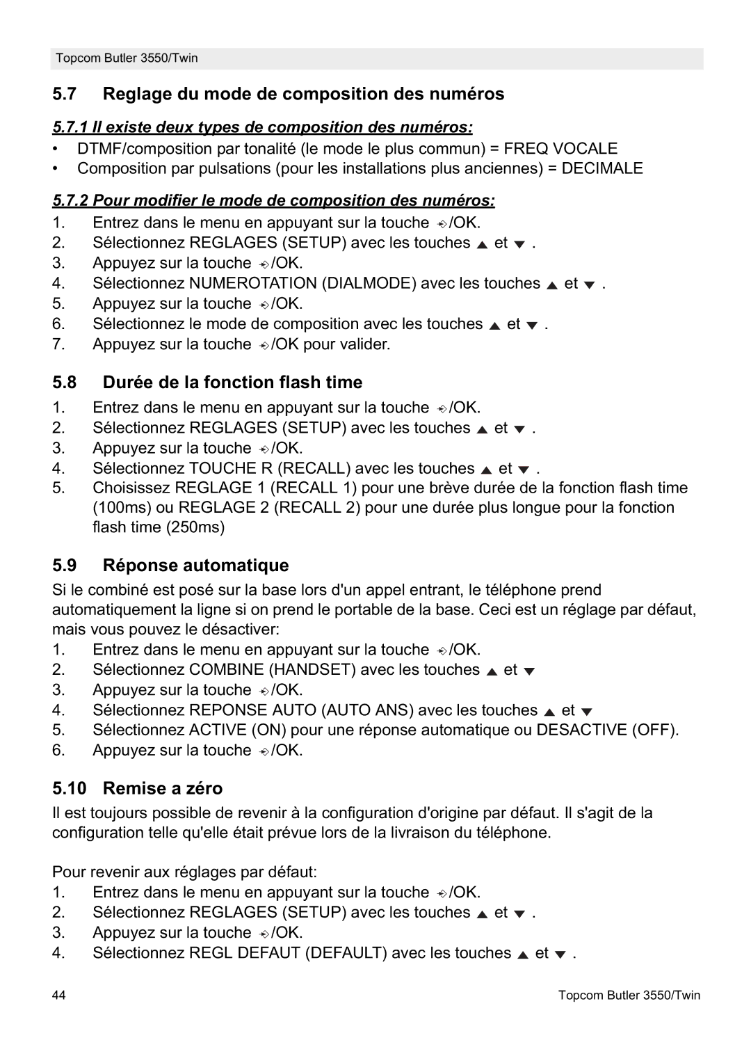 Topcom 3550/Twin manual Reglage du mode de composition des numéros, Durée de la fonction flash time, Réponse automatique 