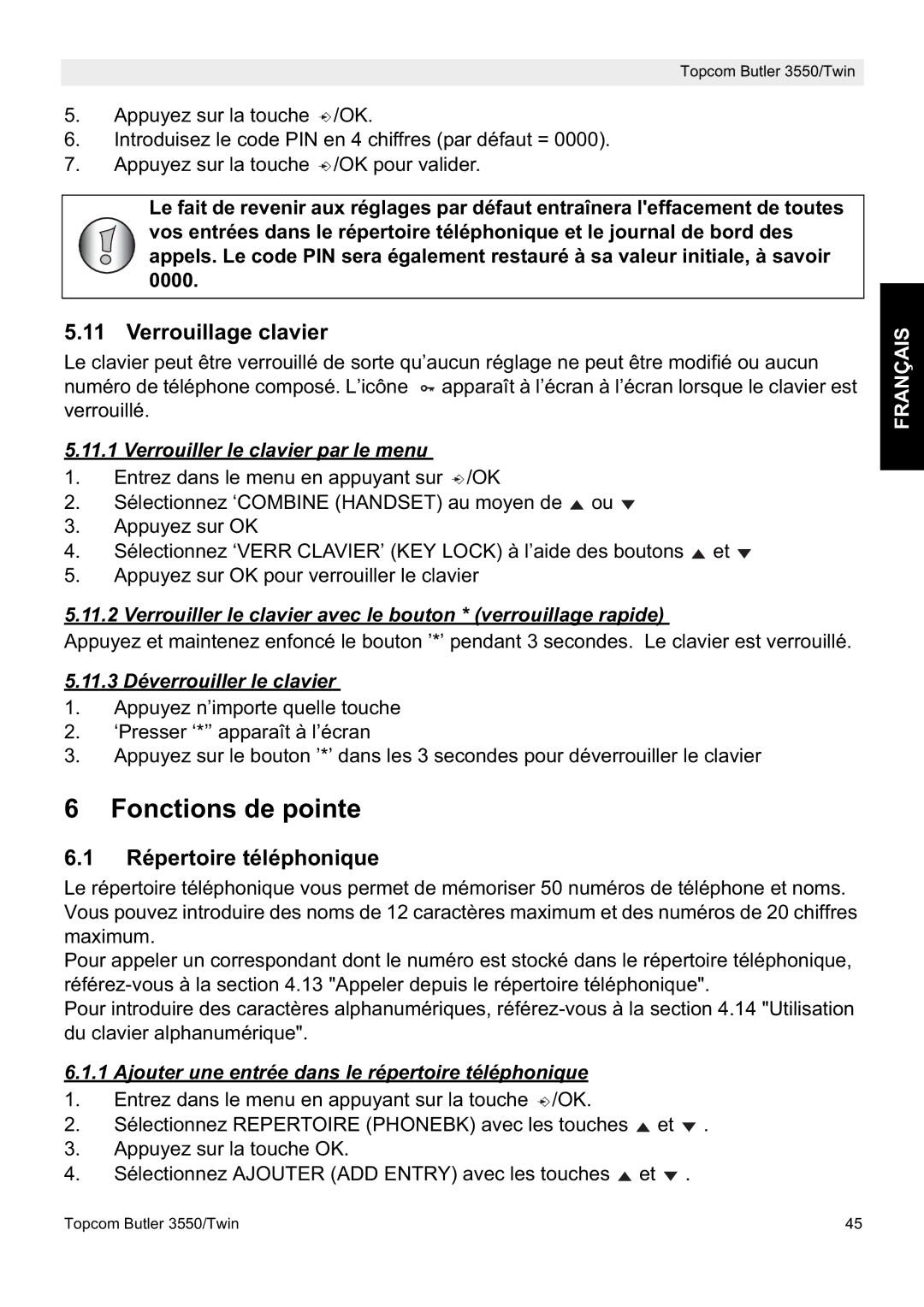 Topcom 3550/Twin manual Fonctions de pointe, Verrouillage clavier, Répertoire téléphonique 