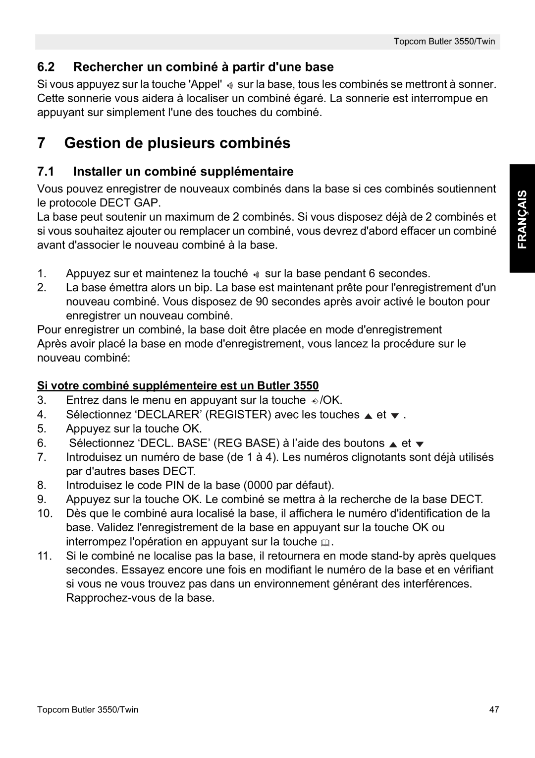 Topcom 3550/Twin manual Gestion de plusieurs combinés, Rechercher un combiné à partir dune base 